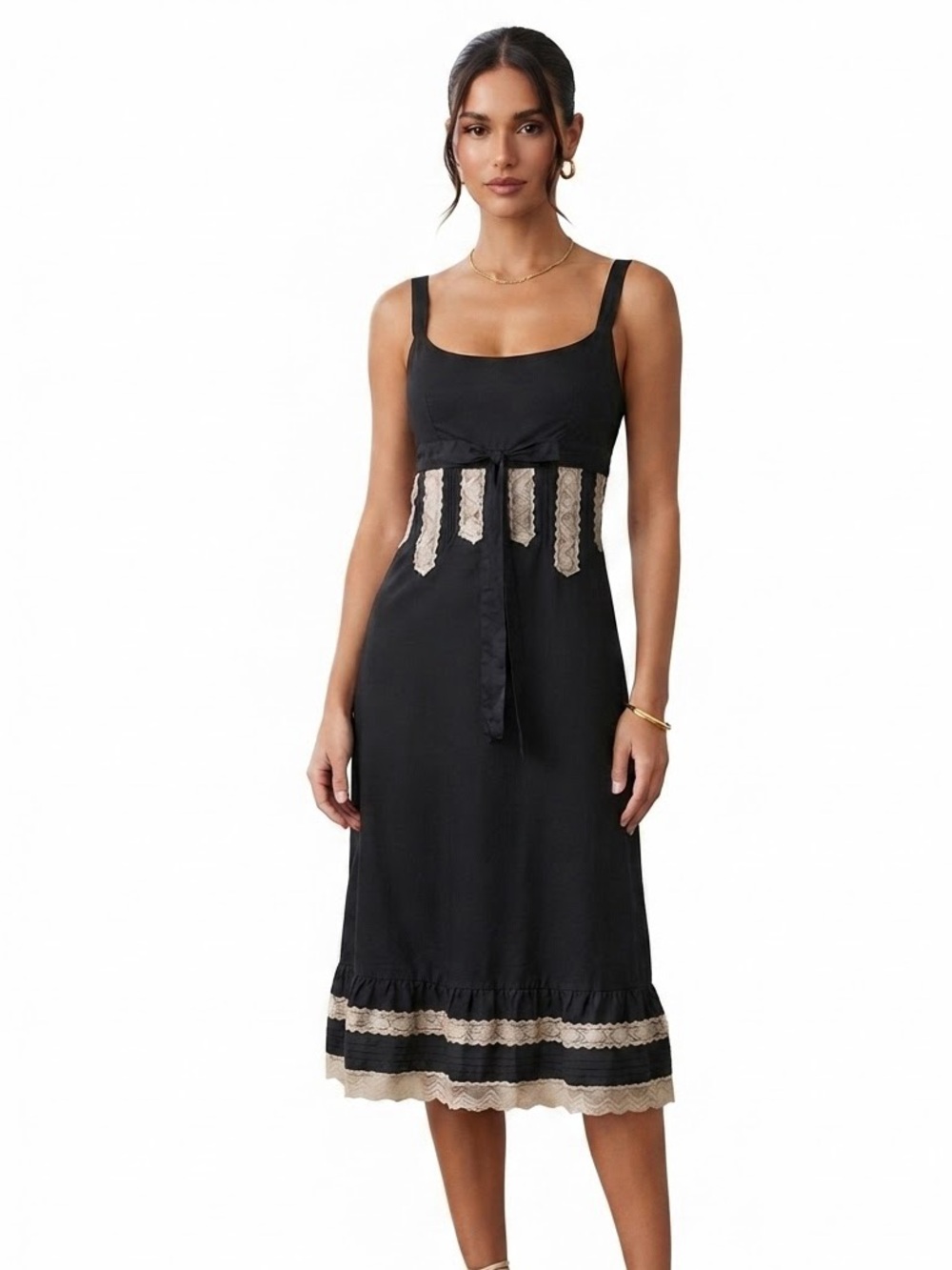 LOFT 100% Silk Black Midi Dress Tan Lace Inset Scoop Neck